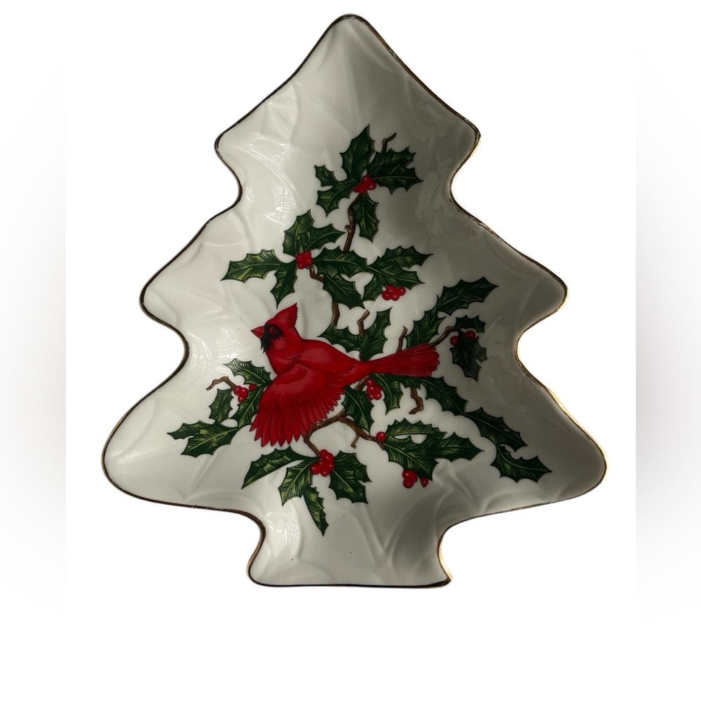 Vintage Lefton China #1760 Cardinal Holly Tree Shaped Nut / Trinket Dish